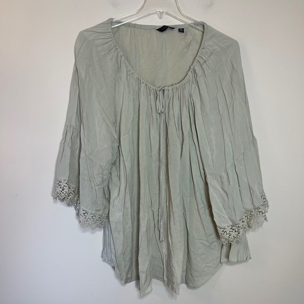 Light beige Crochet-Trim Peasant Blouse with Tie Neck